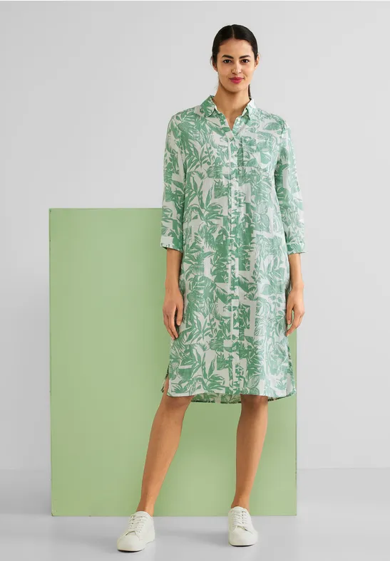 Linnen shirtjurk met print soft leafy green