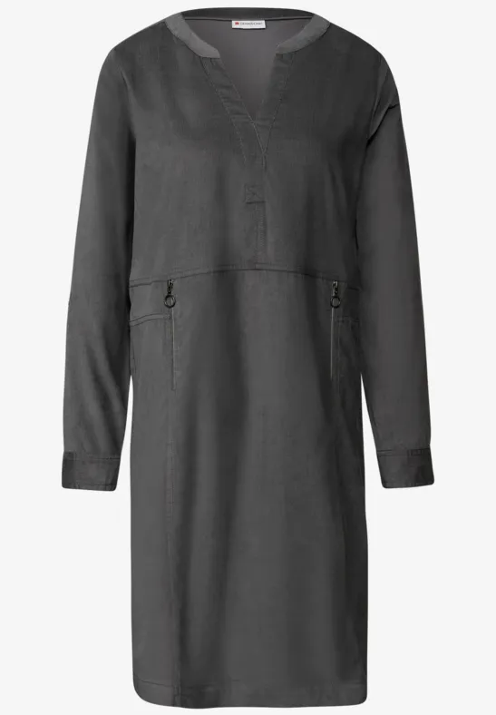 Corduroy jurk met gespleten hals concrete grey