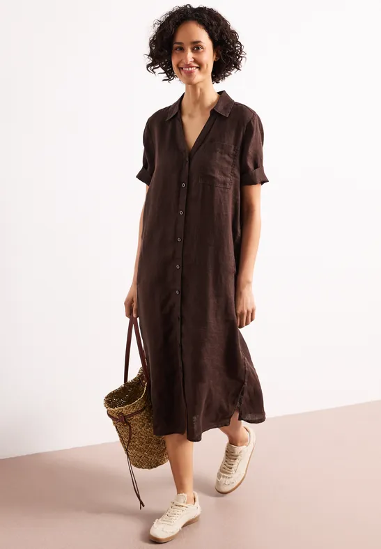 Robe midi en lin avec patte de boutonnage espresso brown