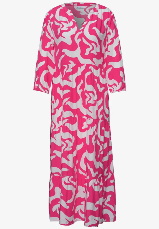 Rosafarbenes, knöchellanges Kleid mit weißen, abstrakten Mustern und V-Ausschnitt.