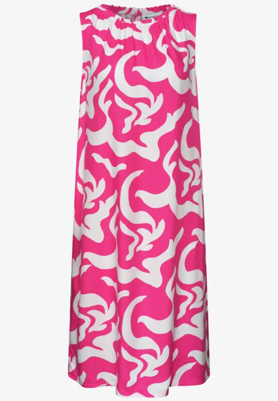 Mouwloze lange jurk met felroze en witte abstracte print.