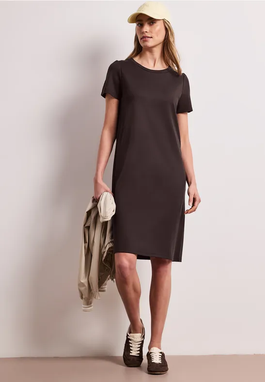 Knielange jurk met pofmouwen espresso brown