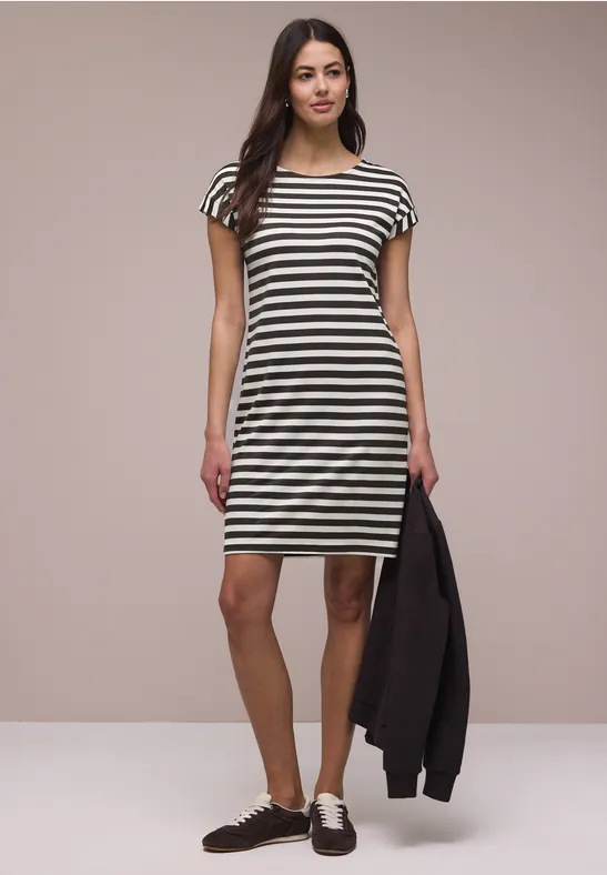 Knielange jersey jurk met strepen espresso brown