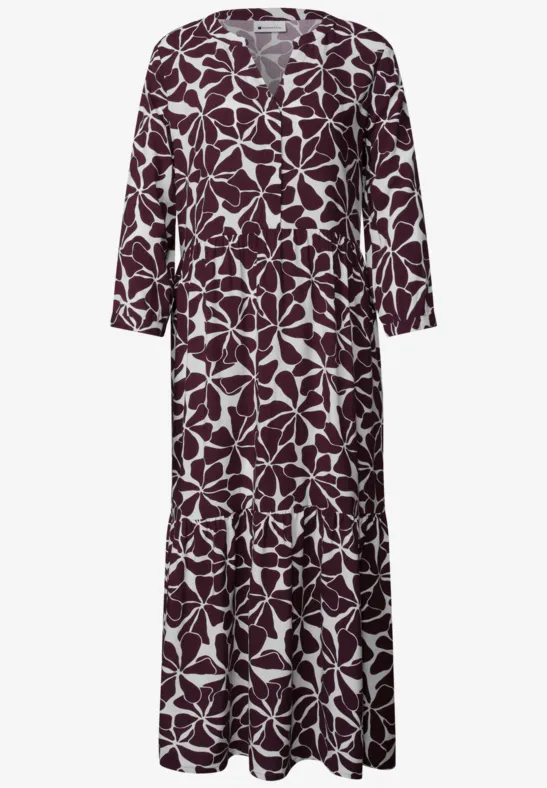 Langes, dunkelrotes Maxikleid mit weißem Blattmuster und V-Ausschnitt.