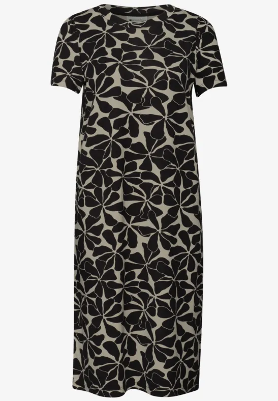Zwarte midijurk met korte mouwen, beige bloemenbladmotief en ronde halslijn.