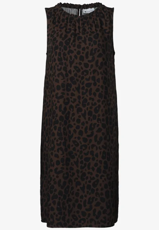 Mouwloze midi-jurk in bruin met zwart luipaarddessin en ronde hals