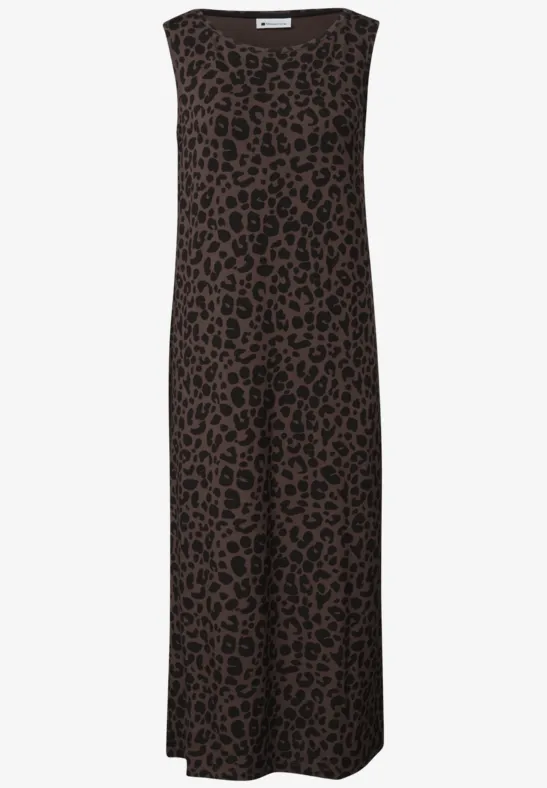 Robe midi sans manches marron à imprimé léopard noir, coupe ample.