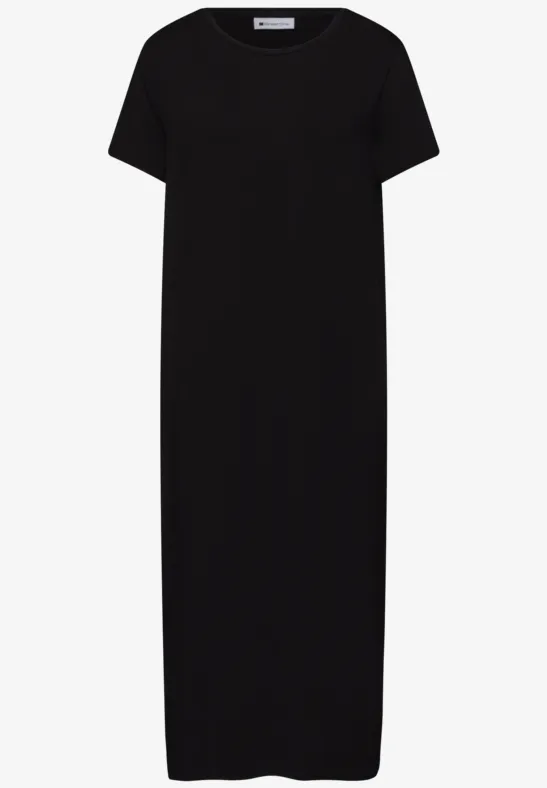 Eenvoudige zwarte T-shirtjurk, rechte pasvorm, korte mouwen, knielengte.