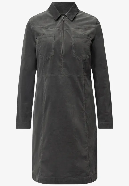 Robe-chemise gris foncé, manches longues, col montant, coupe droite jusqu'aux genoux