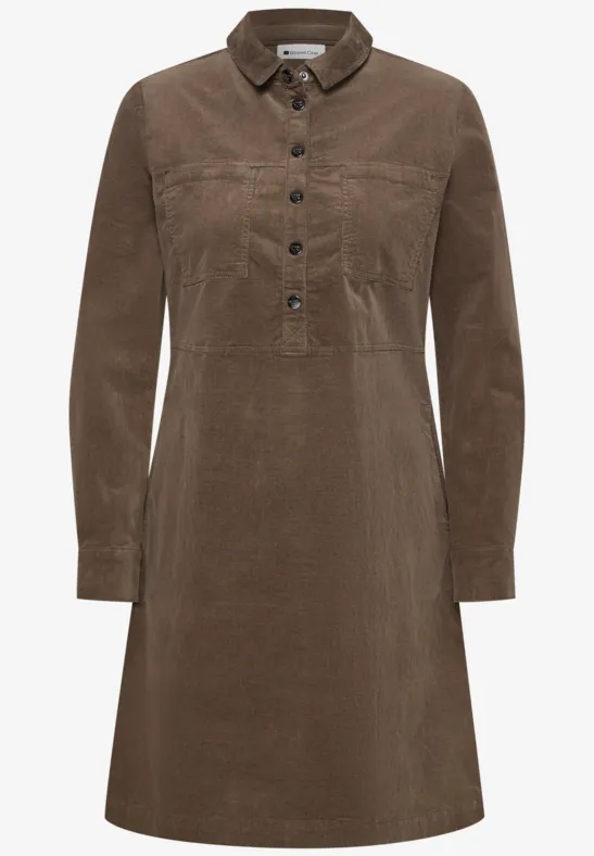 Taupe-farbenes Cordkleid mit Hemdkragen, Knopfleiste, langen Ärmeln und A-Linien-Silhouette.