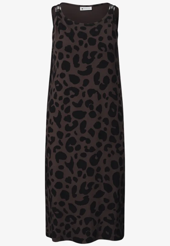 Robe midi marron sans manches à imprimé léopard noir, coupe droite et élégante.