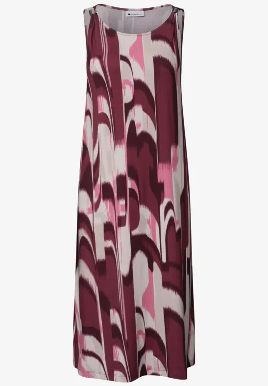 Mouwloze midi-jurk in bordeaux, roze en wit met een abstract golvend patroon.