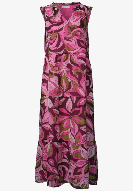 Mouwloze maxi-jurk met roze en paarse bladprint.