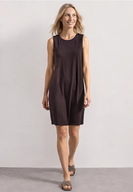Robe arrivant aux genoux, à col rond et avec des boutons black coffee
