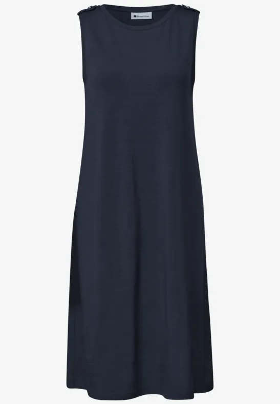 Dunkelblaues ärmelloses A-Linien-Kleid bis zur Wade, schlicht, locker geschnitten.