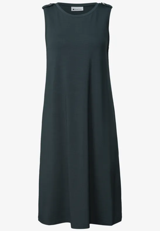 Robe sans manches, longueur genou, coupe trapèze, coloris gris foncé, tissu fluide.