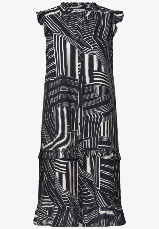 Ärmelloses Midikleid mit abstraktem Schwarz-Weiß-Streifenmuster, V-Ausschnitt und stufigem Volant-Saum.
