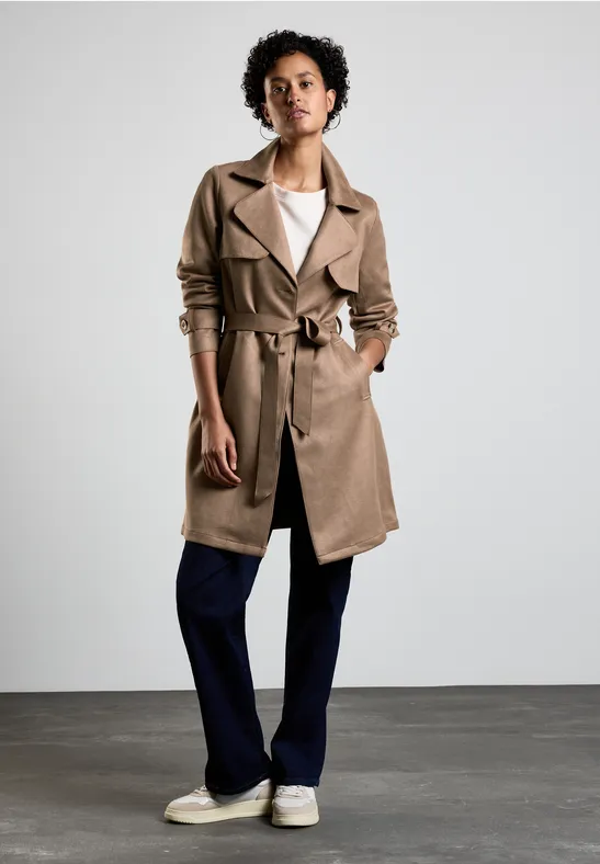 Trenchcoat in velours-look dark nutty mocca