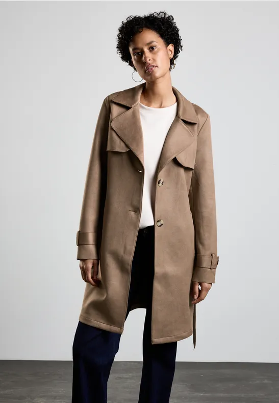 Trenchcoat in velours-look dark nutty mocca