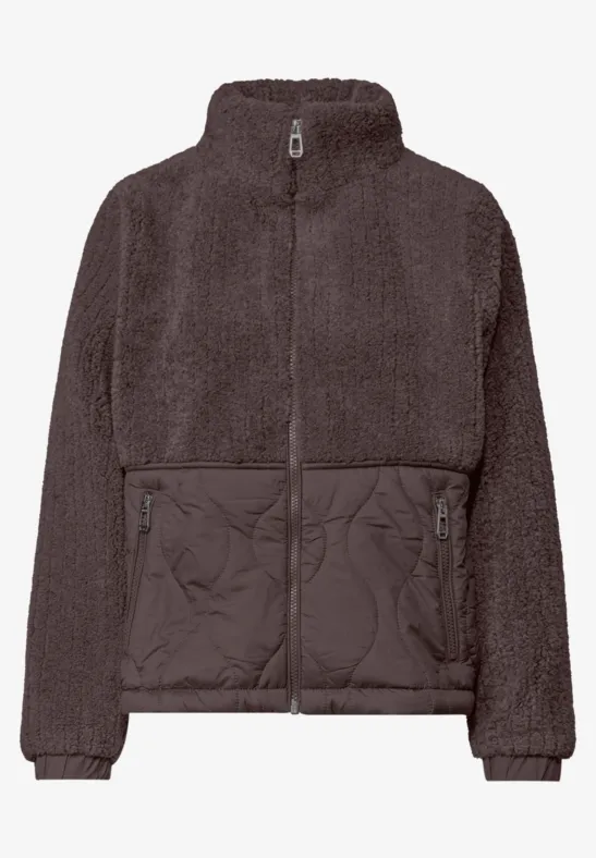 Veste polaire marron foncé zippée, effet teddy, poches et bas matelassés.