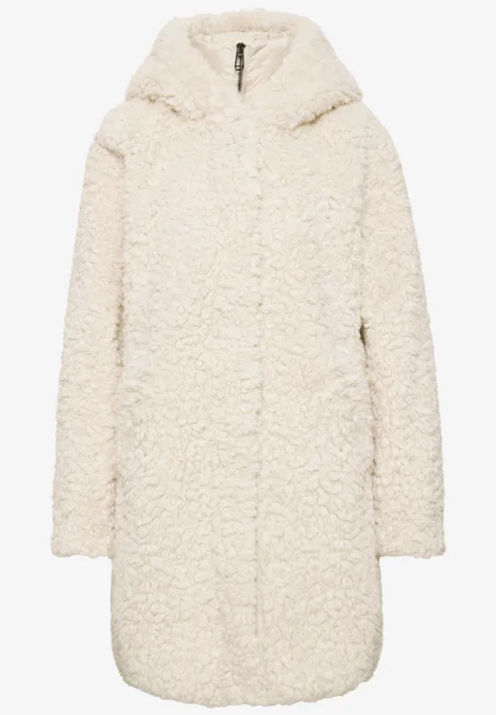 Weißer Teddy-Fleece-Mantel mit Kapuze und Reißverschluss, knielang.