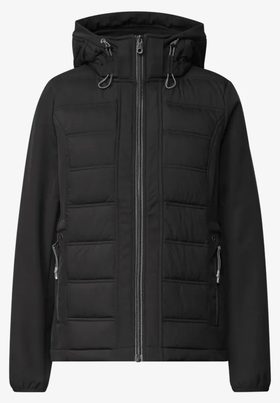 Veste matelassée noire avec capuche et fermeture éclair intégrale.