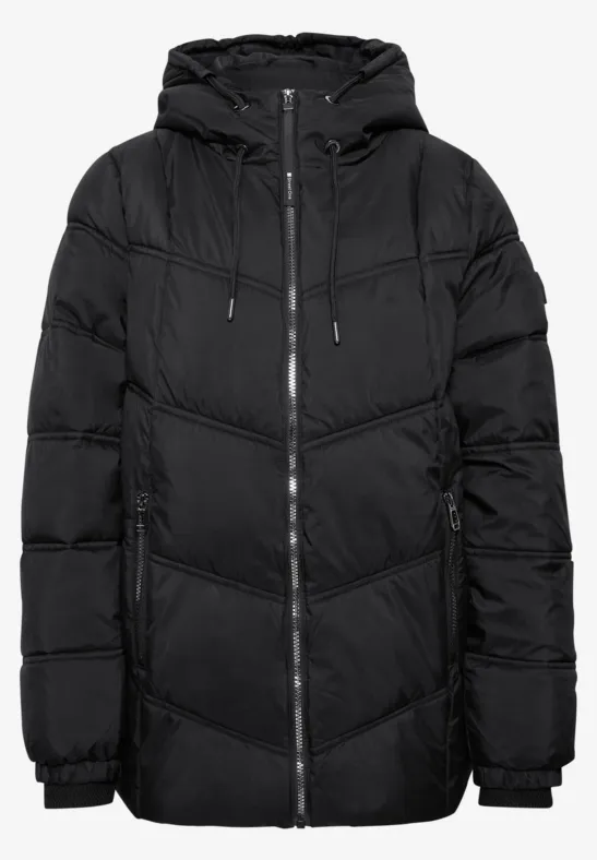 Schwarzer, wattierter Kapuzenparka mit Reißverschluss und seitlichen Taschen