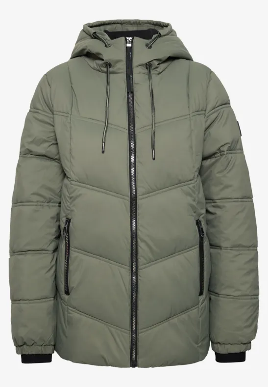 Grüne, wattierte Winterjacke mit Kapuze, Reißverschlüssen und seitlichen Taschen.
