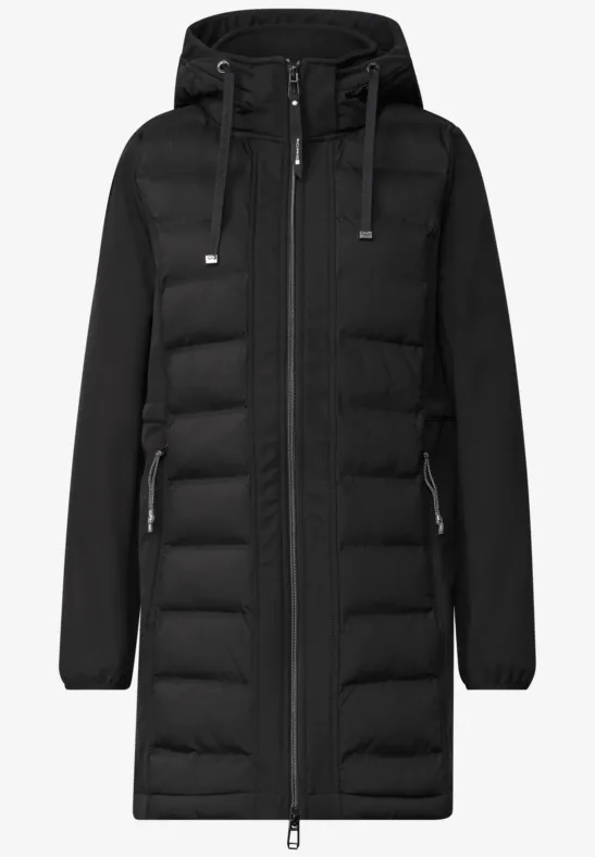Long manteau matelassé noir avec capuche et fermeture éclair