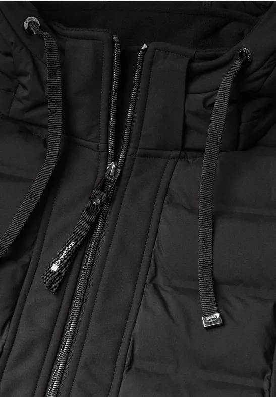 Veste matelassée noire avec capuche, fermeture éclair et cordons
