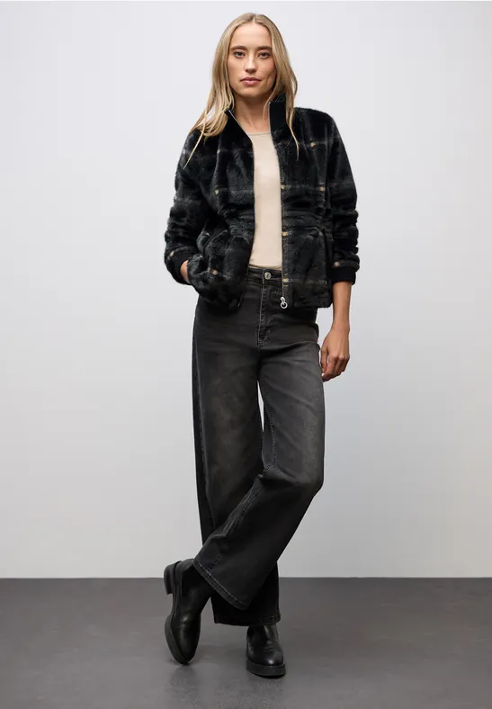 Karierte Fake Fur Jacke Black