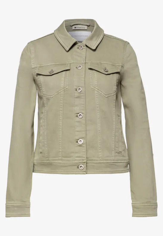Khakifarbene Damen-Jeansjacke mit Knopfleiste und zwei Brusttaschen.
