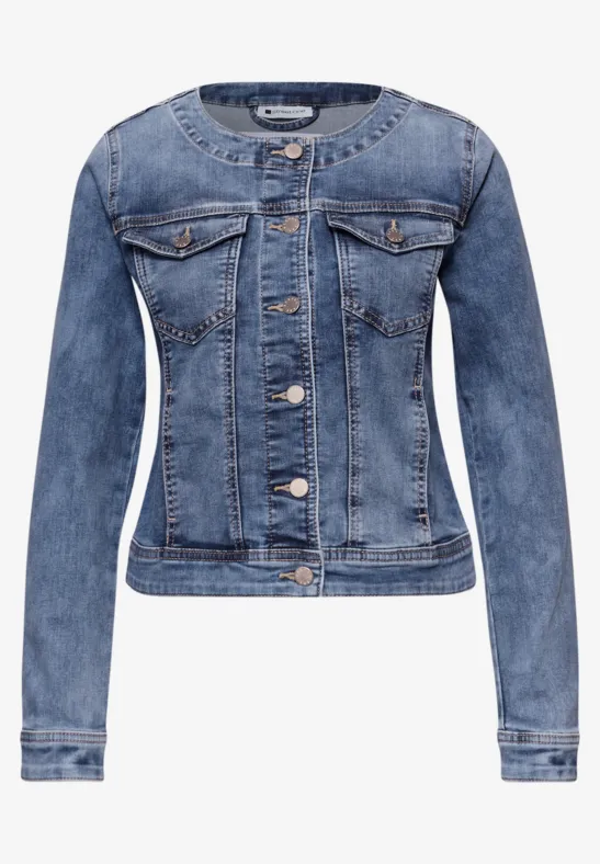 Jeansjacke mit Rundhals und Knopfleiste Medium Blue Wash