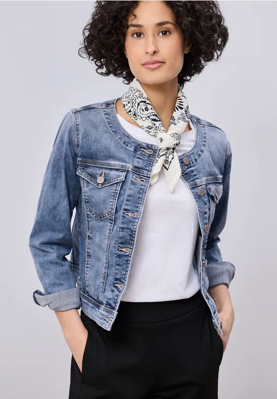 Jeansjacke mit Rundhals und Knopfleiste Medium Blue Wash