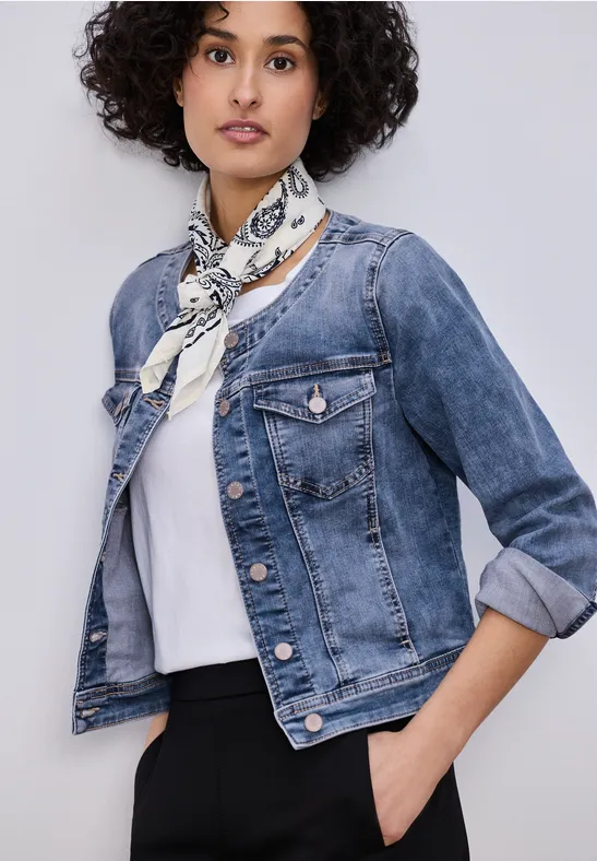 Jeansjacke mit Rundhals und Knopfleiste Medium Blue Wash