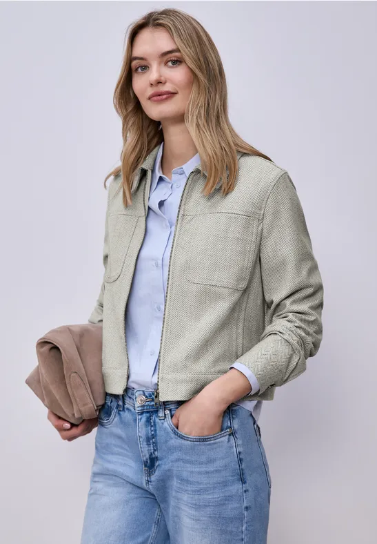 Jacke mit Fischgrätmuster und Zipper smoke beige