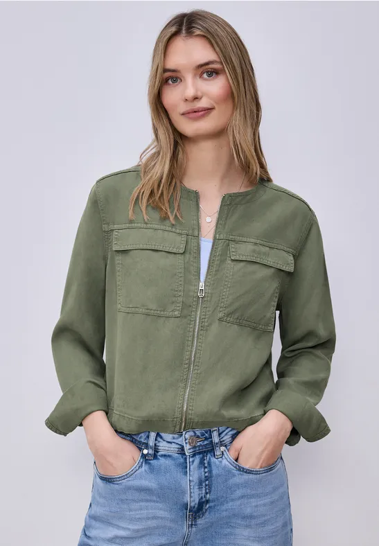 Jacke im Washed-Look mit Tunnelzug Lichen Green