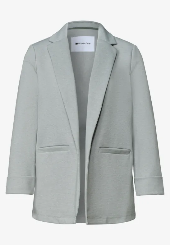 Lichtgrijze, minimalistische blazer met open voorkant en smal revers.
