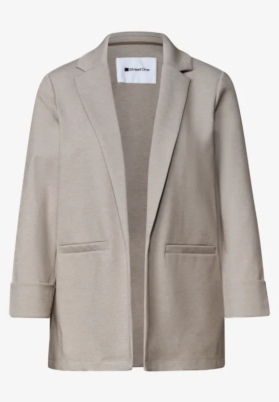 Beige casual blazer met open voorzijde en opgestikte zakken.