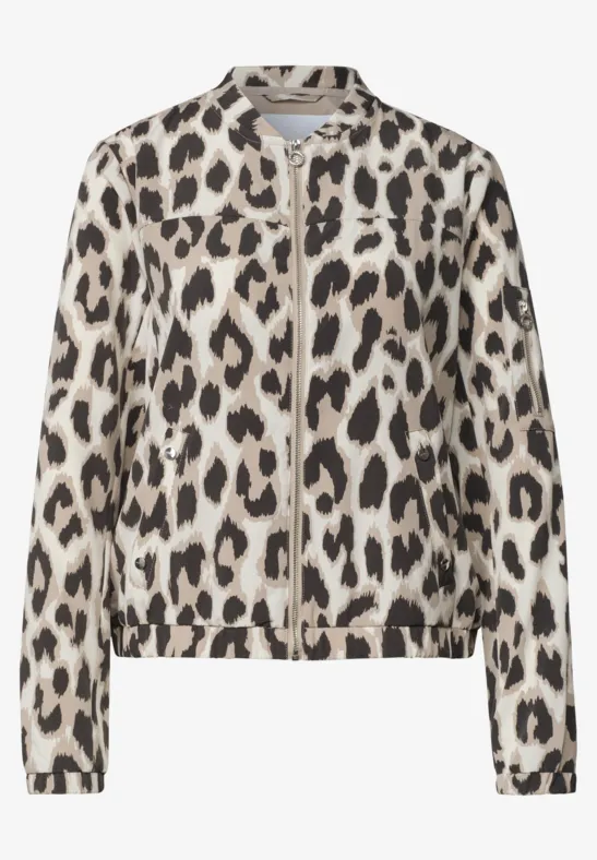 Lichtgewicht bomberjack met beige luipaardprint en ritssluiting.
