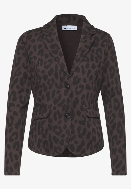 Veste femme marron à motif léopard noir, coupe cintrée, deux boutons et poches à rabat.