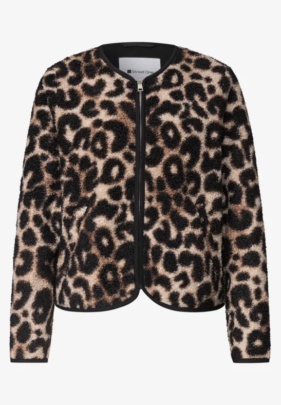 Veste à imprimé léopard, col rond et bords contrastants.