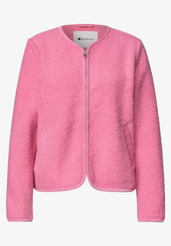 Weiche rosa Fleecejacke mit Reißverschluss und Rundhalsausschnitt.