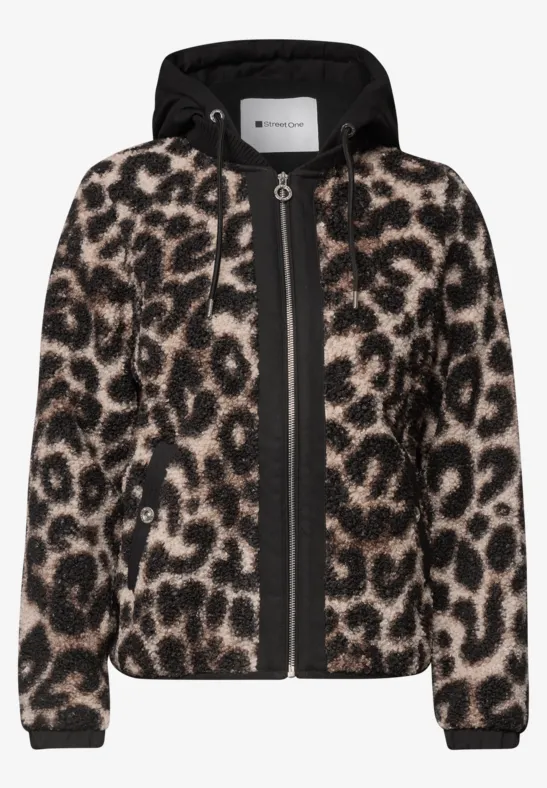 Kort teddy-fleece jasje met capuchon, ritssluiting en luipaardprint.