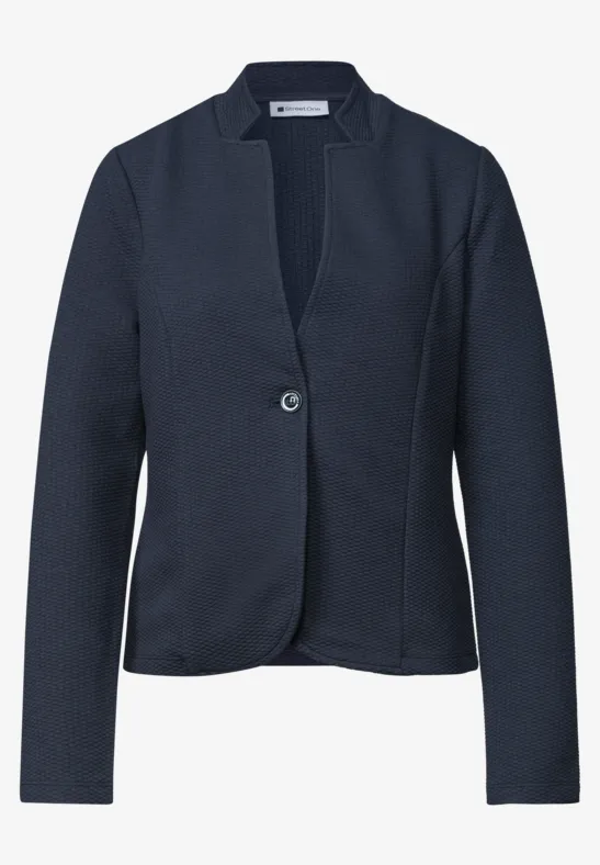 Taillierter Damen-Blazer in Dunkelblau, einreihig mit einem Knopf und klassischem Revers.