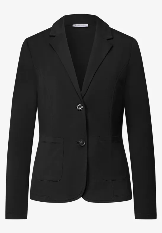 Schwarzer Damen-Blazer mit Reverskragen, längerer Schnitt und Knopfverschluss vorne.