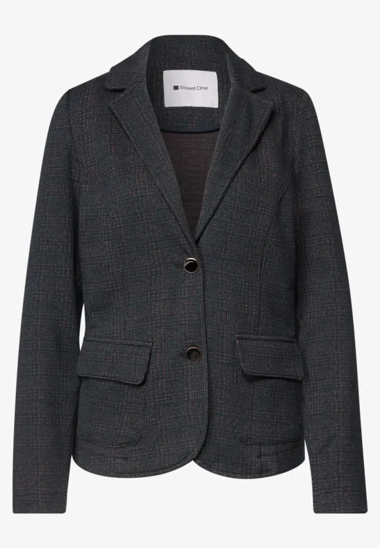 Veste blazer femme gris foncé à motif discret, deux boutons et poches plaquées.
