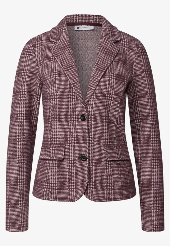 Schicker karierter Blazer in Rosa mit Reverskragen, zwei Knöpfen und aufgesetzten Taschen.