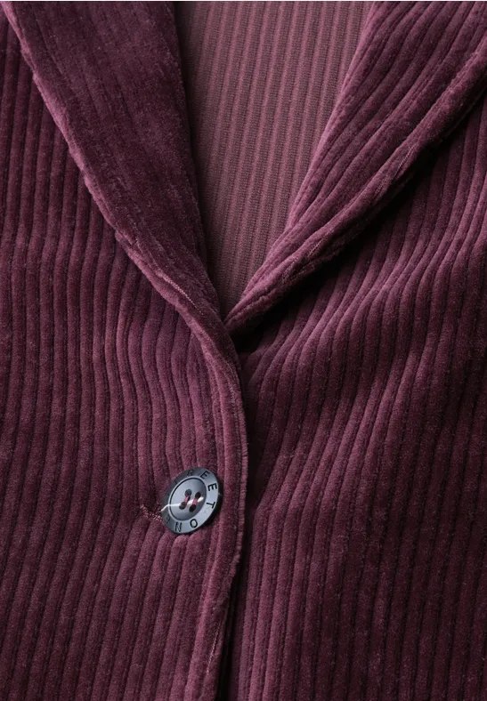 Dunkelroter Cord-Blazer mit feiner Rippenstruktur und mittigem Knopf