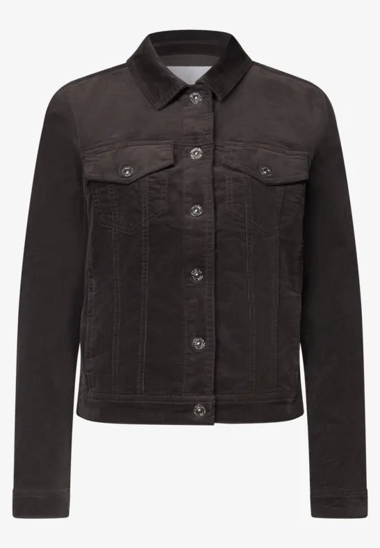 Schwarze Jeansjacke mit Knopfleiste und Brusttaschen, klassischer Schnitt.